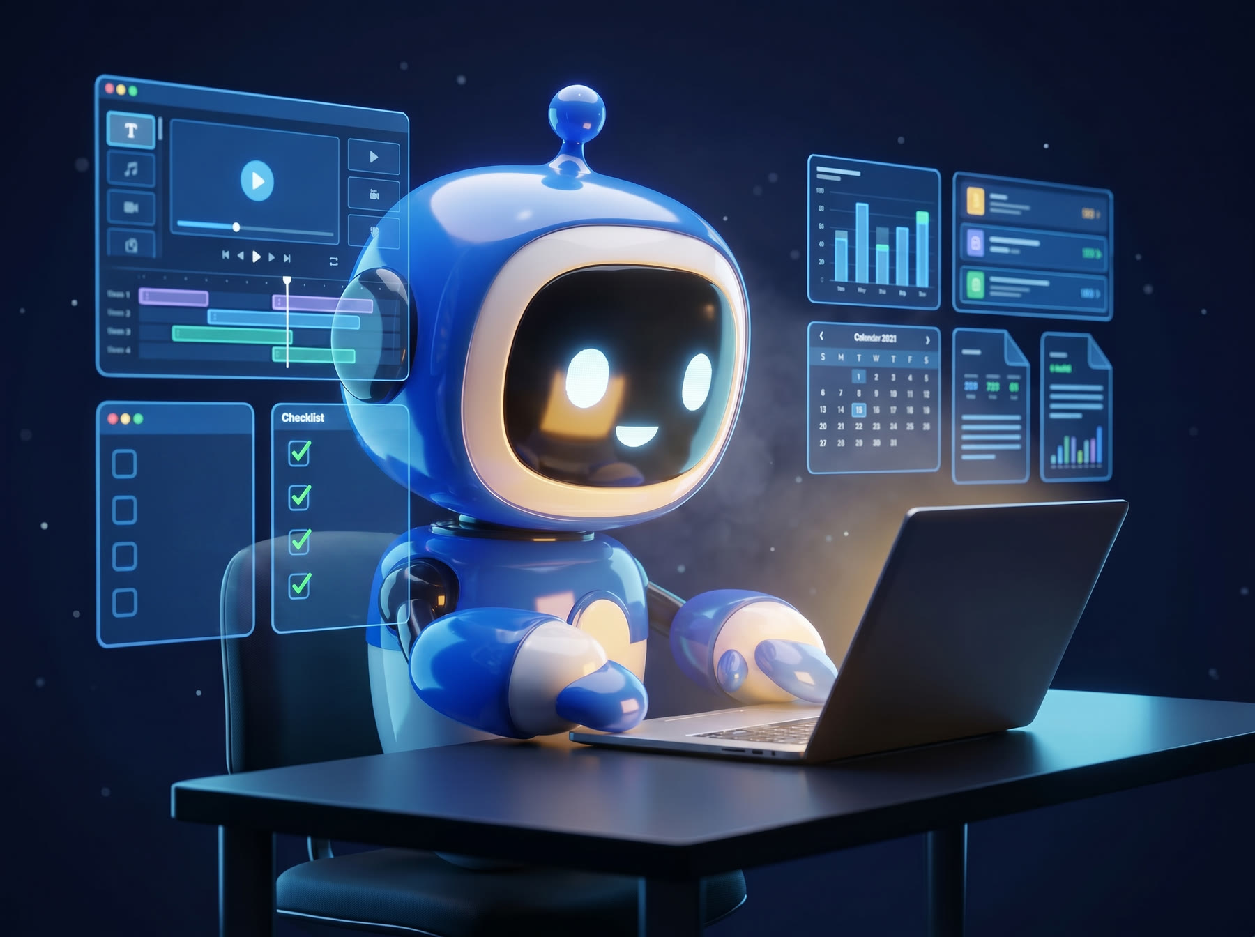 A TaskPilot robot assistant working at a laptop, surrounded by floating holographic task panels